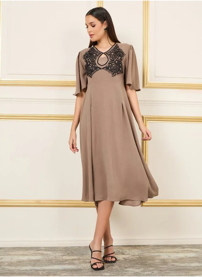 Styli Embroidered Keyhole Neck A-Line Midi Dress