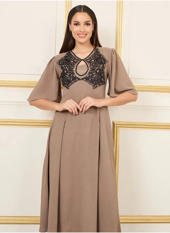 Styli Embroidered Keyhole Neck A-Line Midi Dress