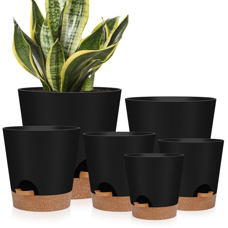 YNNICO Indoor Self Watering Planters with Drainage Holes and Saucers, 8, 7, 6.5, 6, 5.5, 5 Inches, Black, 6 Pots - Image 1