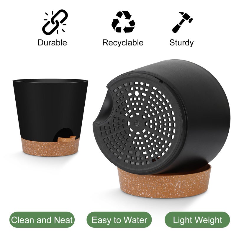 YNNICO Indoor Self Watering Planters with Drainage Holes and Saucers, 8, 7, 6.5, 6, 5.5, 5 Inches, Black, 6 Pots - Image 3