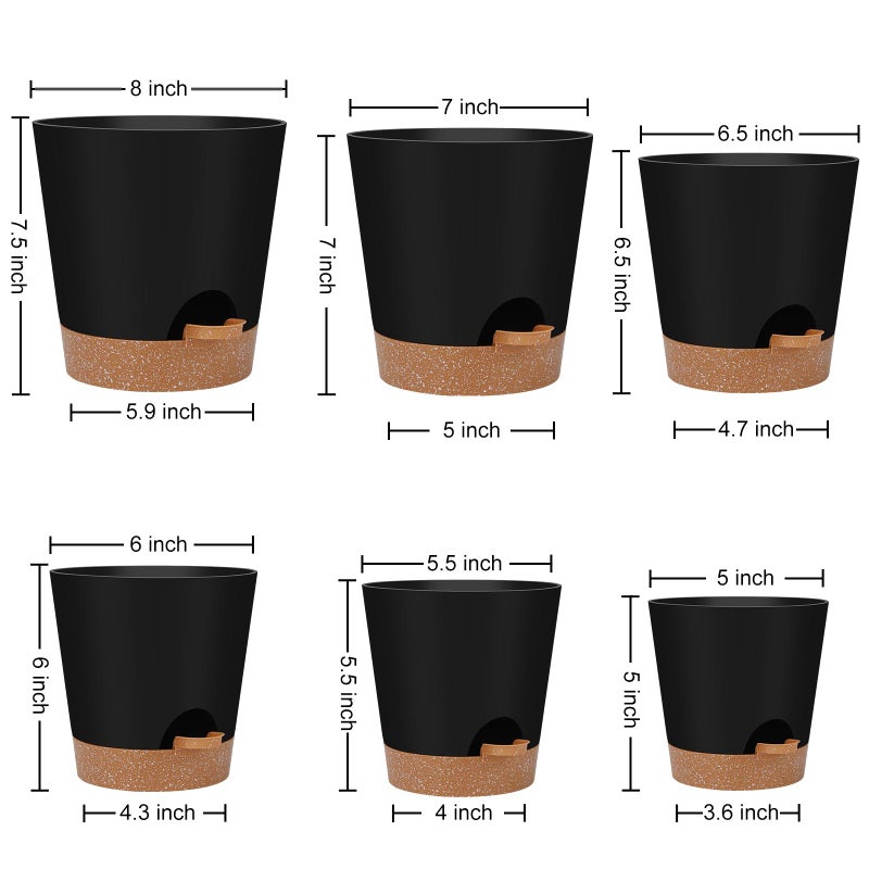 YNNICO Indoor Self Watering Planters with Drainage Holes and Saucers, 8, 7, 6.5, 6, 5.5, 5 Inches, Black, 6 Pots - Image 2
