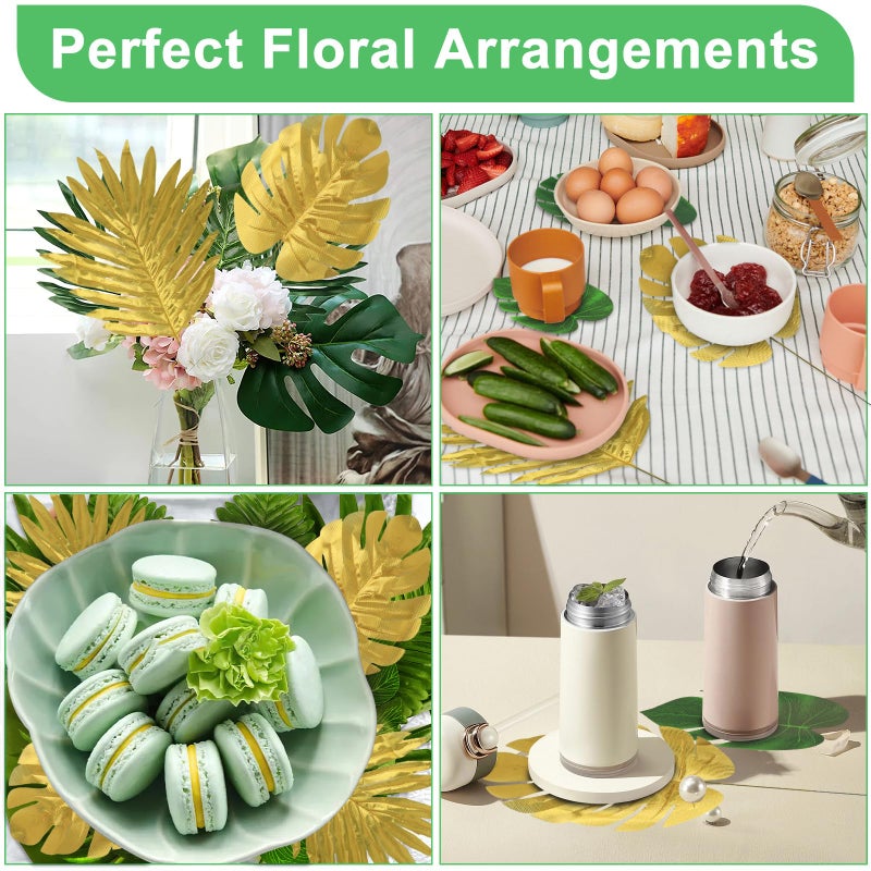 Ledoira 84 Pieces 10 Kinds Artificial Tropical Palm Leaves Safari Jungle Leaves with Stems Golden Leaf Decorations for Hawaiian Luau Party Beach Baby Shower Birthday Theme Table Wedding Decorations - Image 3