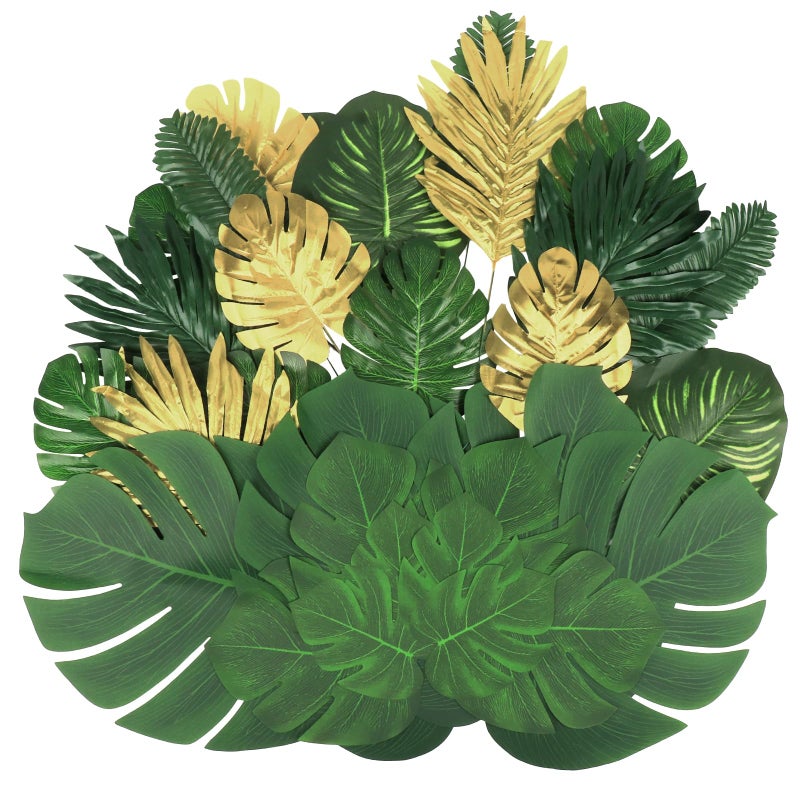 Ledoira 84 Pieces 10 Kinds Artificial Tropical Palm Leaves Safari Jungle Leaves with Stems Golden Leaf Decorations for Hawaiian Luau Party Beach Baby Shower Birthday Theme Table Wedding Decorations - Image 1
