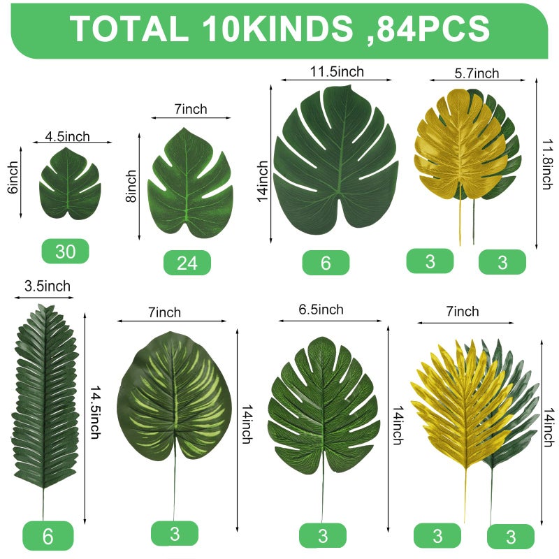 Ledoira 84 Pieces 10 Kinds Artificial Tropical Palm Leaves Safari Jungle Leaves with Stems Golden Leaf Decorations for Hawaiian Luau Party Beach Baby Shower Birthday Theme Table Wedding Decorations - Image 2
