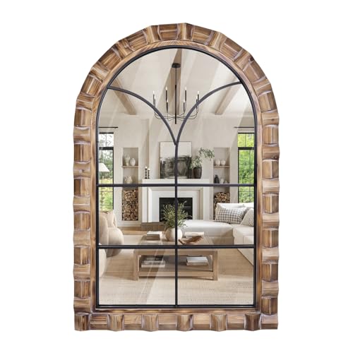 XGGJWW 36x24 Inch Arched Window Pane Wall Mirror Rustic Farmhouse Solid Wood Decorative Mirror for for Living Room Bedroom Entryway Bathroom - Image 1