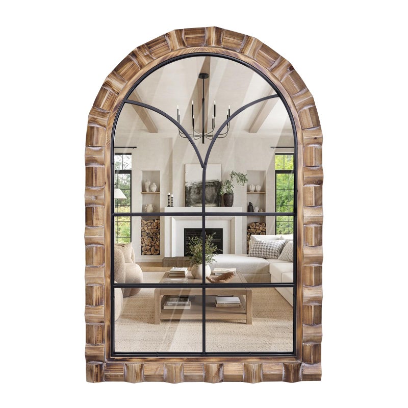 XGGJWW 36x24 Inch Arched Window Pane Wall Mirror Rustic Farmhouse Solid Wood Decorative Mirror for for Living Room Bedroom Entryway Bathroom - Image 2