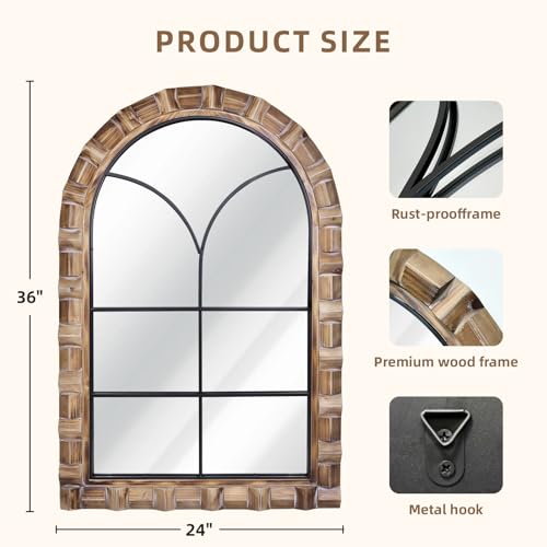 XGGJWW 36x24 Inch Arched Window Pane Wall Mirror Rustic Farmhouse Solid Wood Decorative Mirror for for Living Room Bedroom Entryway Bathroom - Image 3