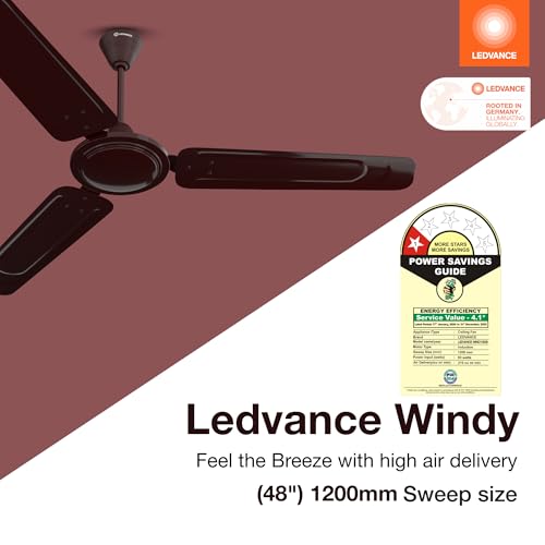 LEDVANCE Windy Ceiling Fan 1200mm | 400 RPM Speed | Low Power Consumption | Higher Air Delivery | BEE Star Rated | Heavy Motor | Suitable for Room, Schools & Offices | 2 Year Warranty - Brown - Image 2