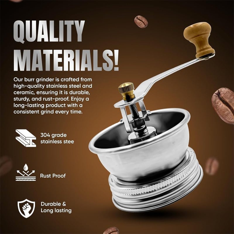 Stainless Steel Coffee Grinder Lid, for Regular Mouth Mason Jars, Manual Crank Burr Grinder for Fresh Coffee, Camping, Home Barista, Rust Proof Ceramic Mechanism - Image 3