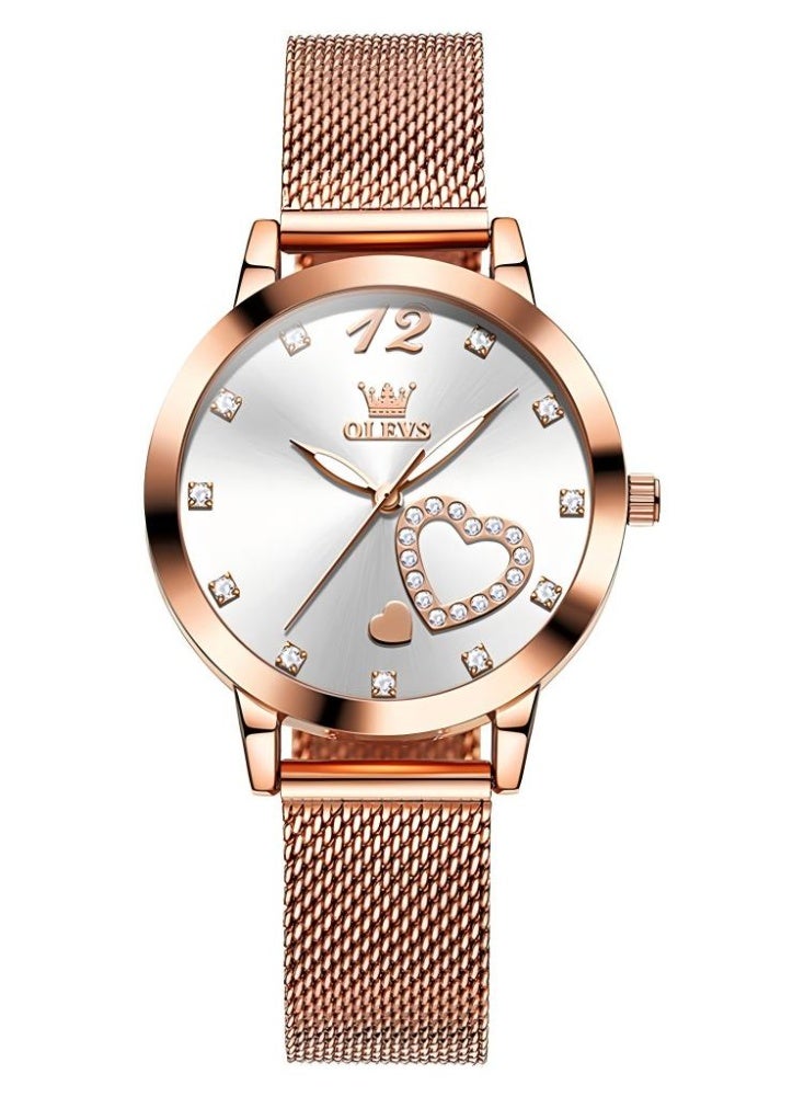 أوليفز ساعة OLEVS نسائية شبكية مقاومة للماء مضيئة مع تاريخ وساعة كوارتز تناظرية للسيدات، ساعة يد كلاسيكية للنساء - Image 1