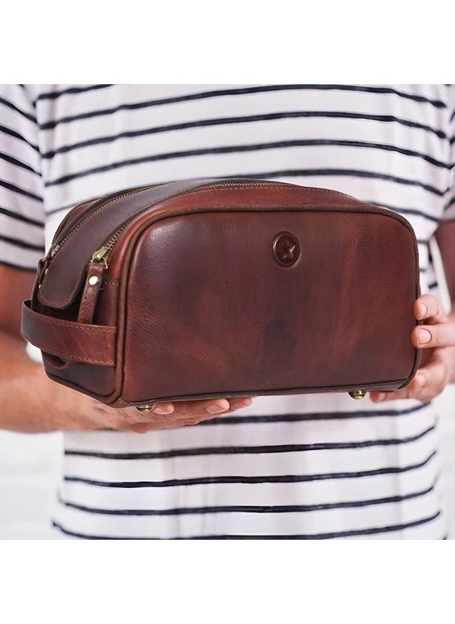 AARON LEATHER GOODS VENDIMIA ESTILO 10" Premium Leather Toiletry Travel Pouch With Waterproof Lining | King-Size Handcrafted Vintage Dopp - Kit By Aaron Leather Goods (Dark Brown)  - Image 4