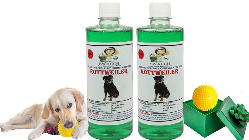 swacch Shampoo | Puppy Safe Shampoo | PH Balanced | Ditch to Itch for Rottweiler Dog Shampoo 500ml Pack of 2 (Neem Alovera) + Spike Ball Chew Toy Combo Pack - Image 1