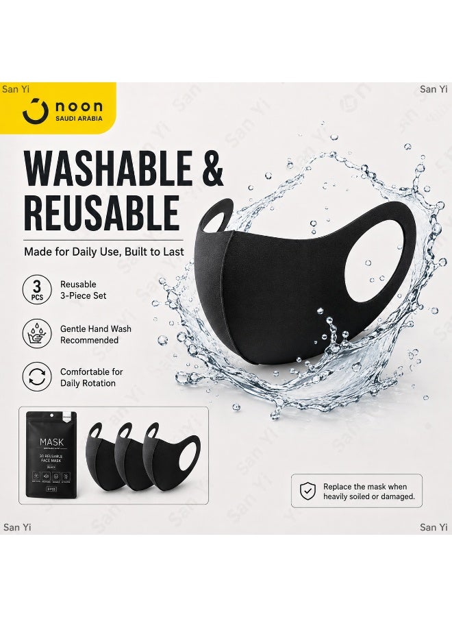 San Yi Reusable Washable 3D PU Sponge Face Mask for Adults 3 Pieces Black Comfortable Breathable Everyday Use Protective Cover - Image 3