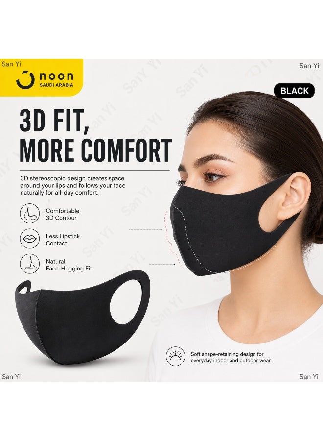 San Yi Reusable Washable 3D PU Sponge Face Mask for Adults 3 Pieces Black Comfortable Breathable Everyday Use Protective Cover - Image 5