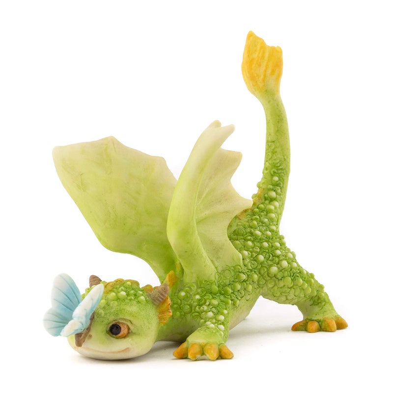 Top Collection Rex The Green Dragon Mini Collectible Fantasy Figurine Playing with Butterfly