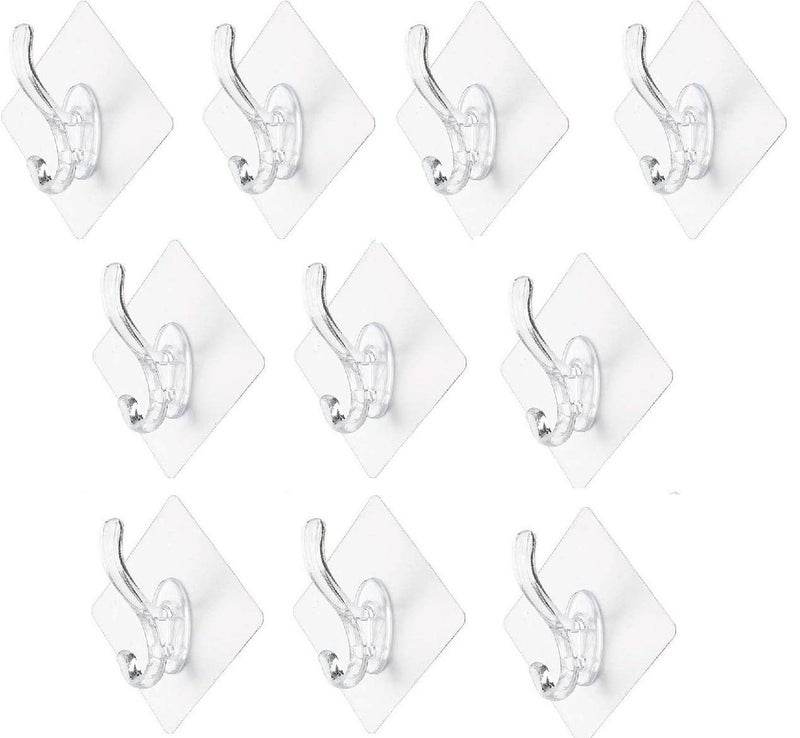 ADTALA 10 Pcs Bathroom Wall Hooks Utility for Towel Bathrobe Coats,Bathroom Kitchen Waterproof and Oil Proof Nail Free Transparent Heavy Duty Wall Hook & Ceiling Hanger (10 Pcs, Code-128 Hook) - Image 1