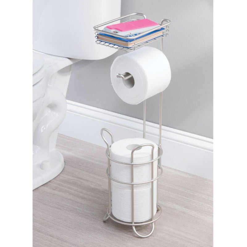 mDesign Steel Toilet Paper Holder Stand & Dispenser with Storage Shelf, Concerto Collection - Satin, Holds 2 Extra Mega Rolls - Image 3