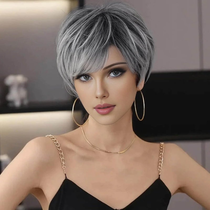 MIMAN Short Grey Wigs for Women Pixie Cut Wigs Natural Layered Synthetic Short Hair Wigs for Women Gray Hair Replacement Wigs with Bangs