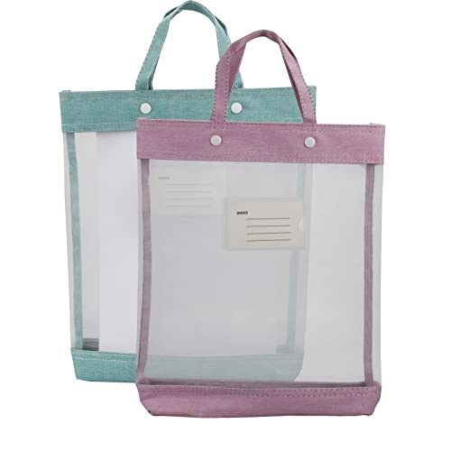 enyuwlcm Nylon Document Bag with Handle Light Transparent Mesh File Tote Bag Pouch for Carrying Books Papers (2, Pink&Green) - Image 1