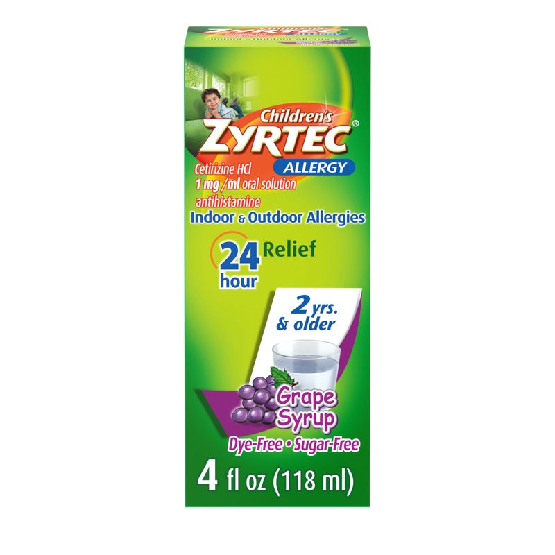 Zyrtec Children's 24 Hour Allergy Relief Syrup, 5 mg Cetirizine HCl Antihistamine, Kids Allergy Medicine for Indoor & Outdoor Allergy Relief, Dye-Free & Sugar-Free, Grape, 4 fl. oz - Image 1