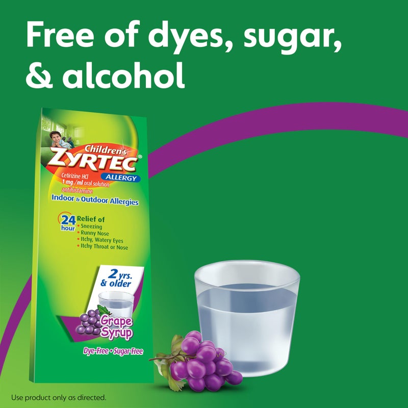 Zyrtec Children's 24 Hour Allergy Relief Syrup, 5 mg Cetirizine HCl Antihistamine, Kids Allergy Medicine for Indoor & Outdoor Allergy Relief, Dye-Free & Sugar-Free, Grape, 4 fl. oz - Image 2