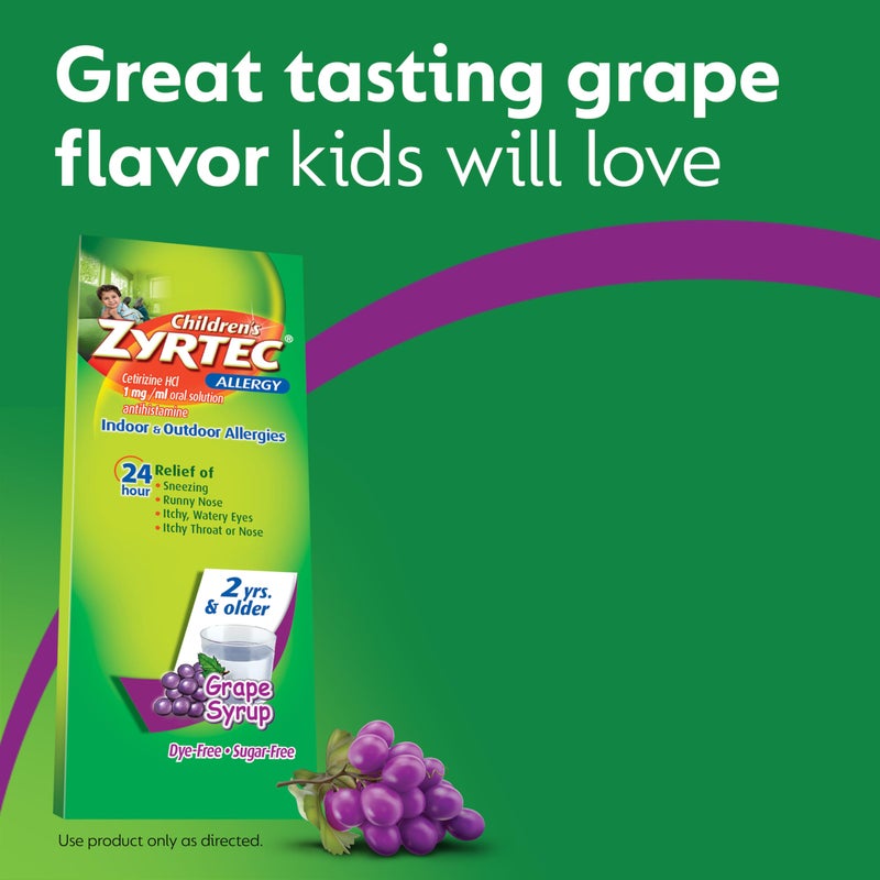 Zyrtec Children's 24 Hour Allergy Relief Syrup, 5 mg Cetirizine HCl Antihistamine, Kids Allergy Medicine for Indoor & Outdoor Allergy Relief, Dye-Free & Sugar-Free, Grape, 4 fl. oz - Image 5