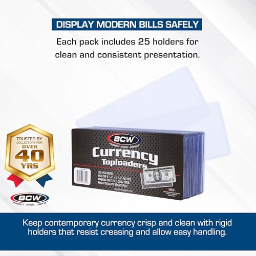 BCW Currency Topload Holder - Pack of 25 | Clear Rigid PVC Protective Sleeve for Standard US Dollar Bills | Archival Safe, Scratch-Resistant Display Toploader for Paper Currency Collectors - Image 2