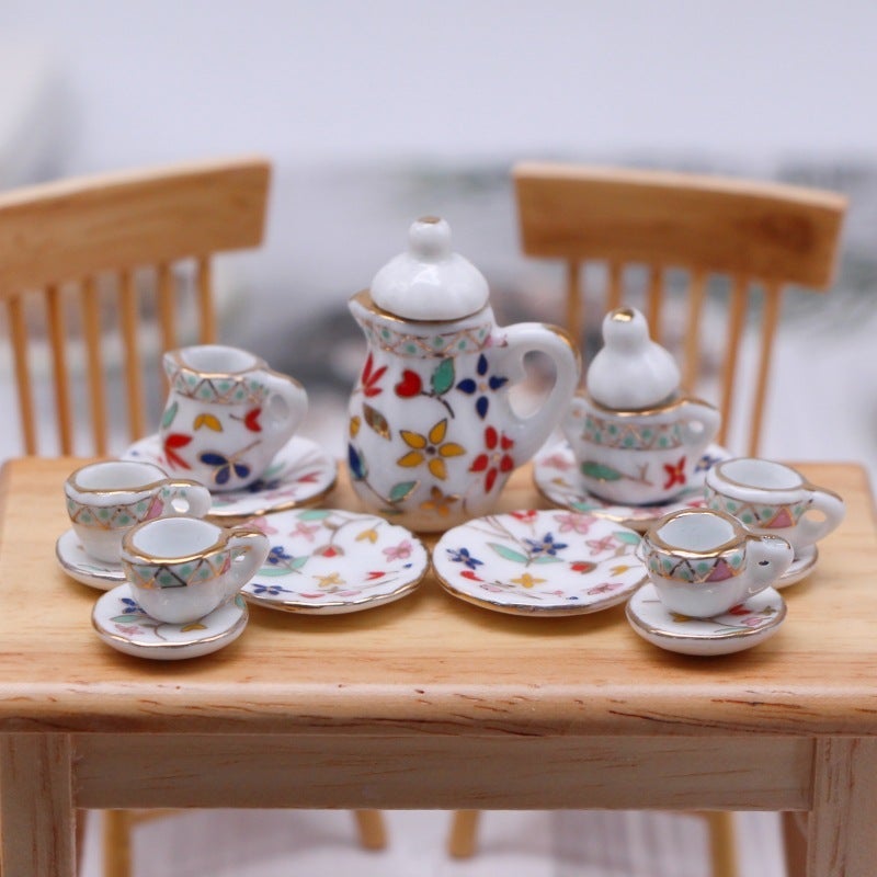 Miniature Ceramic Tea Set Dollhouse Accessory Colored flowers