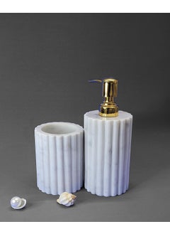 R&M RM White Marble Grooved Bathroom Accessories Set Rameshwaram Marble, 1 Dispenser, 1 Tumbler Set for Home Bathroom Decor (2 Piece Set) 
