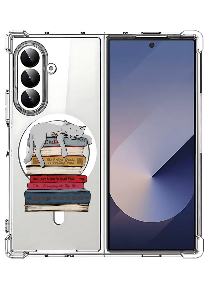 Theodor Magnetic Case for Samsung Galaxy Z Fold 7 Compatible with MagSafe Wireless Charging, Shockproof Phone Bumper Cover Cat on books - Image 1