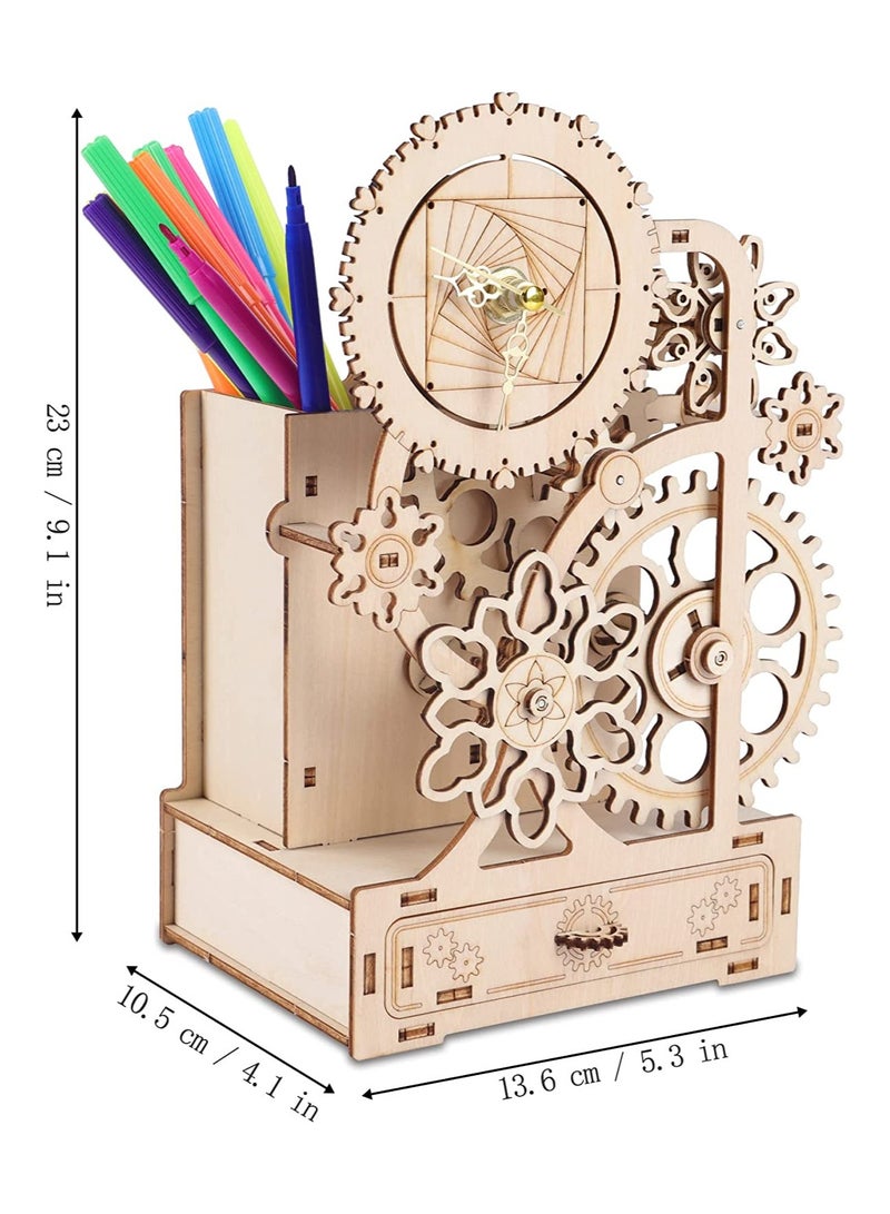 DIY Wooden Clock with Music Box & Pen Holder, Silent Mechanical Clock Model Kits for Creative Assembly, Perfect Woodcraft Gift for Home & Office - Image 2