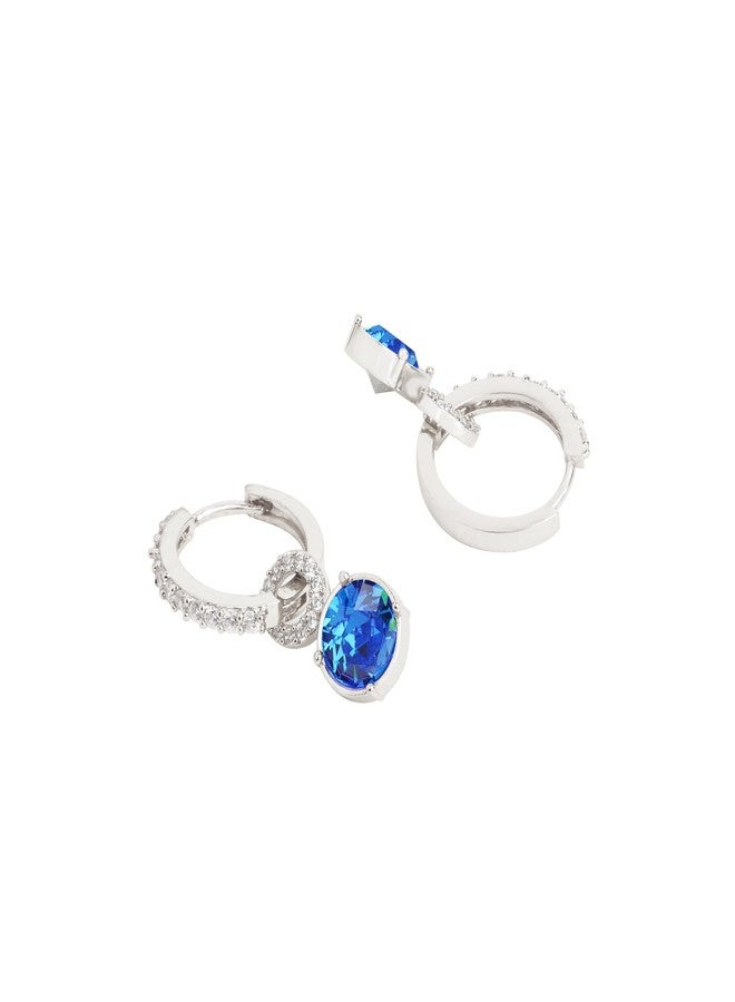 MINUTIAE Dangling Blue Sapphire Crystal Diamond Cut & White Diamond Ear Tops Stud Earrings Jewellery for Women and Girls(White Gold Plated) - Image 2