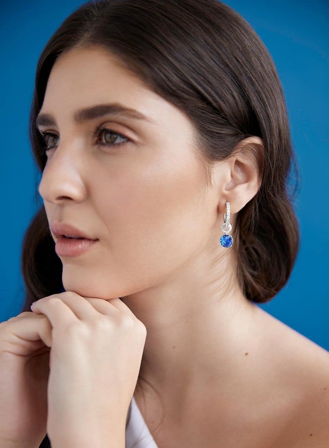 MINUTIAE Dangling Blue Sapphire Crystal Diamond Cut & White Diamond Ear Tops Stud Earrings Jewellery for Women and Girls(White Gold Plated) - Image 5