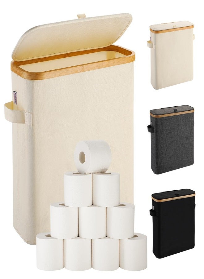 FuBegi Toilet Paper Basket With Lid for Mega Rolls, Large Bamboo Organizer Holder Stand for Bathroom, Enclosed Tissue Storage Bin Box Container, Free Standing, Beige - Image 1