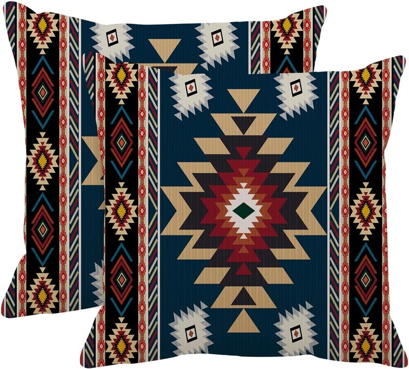 Britimes Throw Pillow Covers, Aztec Bohemian Home Art Decor, 18 x 18 Inches Set of 2 Cushion Couch Sofa Cases, Navy Blue Tribal Western Pillowcases for Bedroom, Geometric Living Room Decorative - Image 1