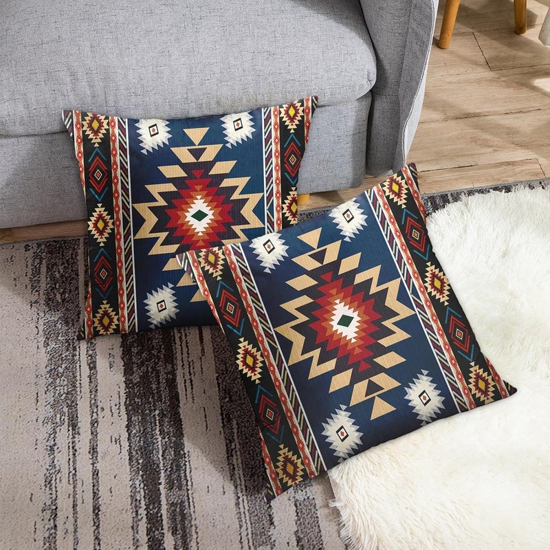 Britimes Throw Pillow Covers, Aztec Bohemian Home Art Decor, 18 x 18 Inches Set of 2 Cushion Couch Sofa Cases, Navy Blue Tribal Western Pillowcases for Bedroom, Geometric Living Room Decorative - Image 3