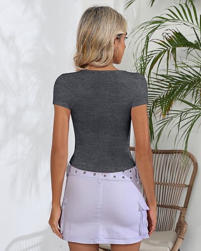 Riyiper 3 Pcs Women's Short Sleeve Crop Tops, Boat Neck Slim Fitted Cropped Shirts Workout Basic Tops (Black, Light Gray, Dark Gray,Medium) - Image 4