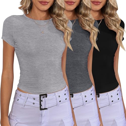 Riyiper 3 Pcs Women's Short Sleeve Crop Tops, Boat Neck Slim Fitted Cropped Shirts Workout Basic Tops (Black, Light Gray, Dark Gray,Medium) - Image 2