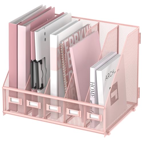 SUPEASY Desk Organizers Metal Desk Magazine File Holder with 5 Vertical Compartments Rack File Organizer for Office Desktop, Home Workspace, Pink - Image 1