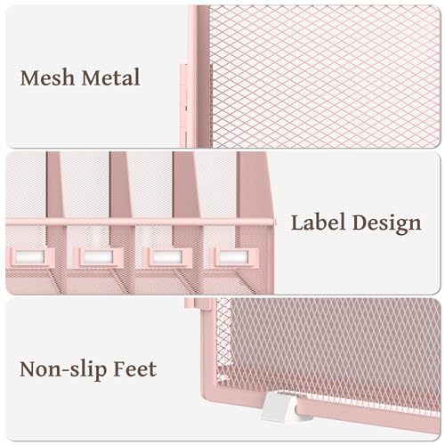 SUPEASY Desk Organizers Metal Desk Magazine File Holder with 5 Vertical Compartments Rack File Organizer for Office Desktop, Home Workspace, Pink - Image 4