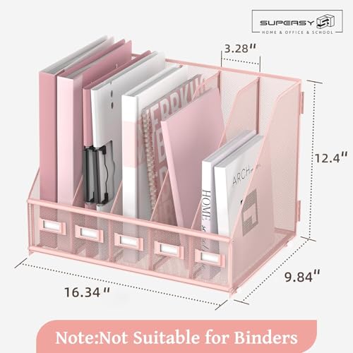 SUPEASY Desk Organizers Metal Desk Magazine File Holder with 5 Vertical Compartments Rack File Organizer for Office Desktop, Home Workspace, Pink - Image 3