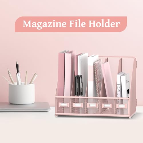 SUPEASY Desk Organizers Metal Desk Magazine File Holder with 5 Vertical Compartments Rack File Organizer for Office Desktop, Home Workspace, Pink - Image 2