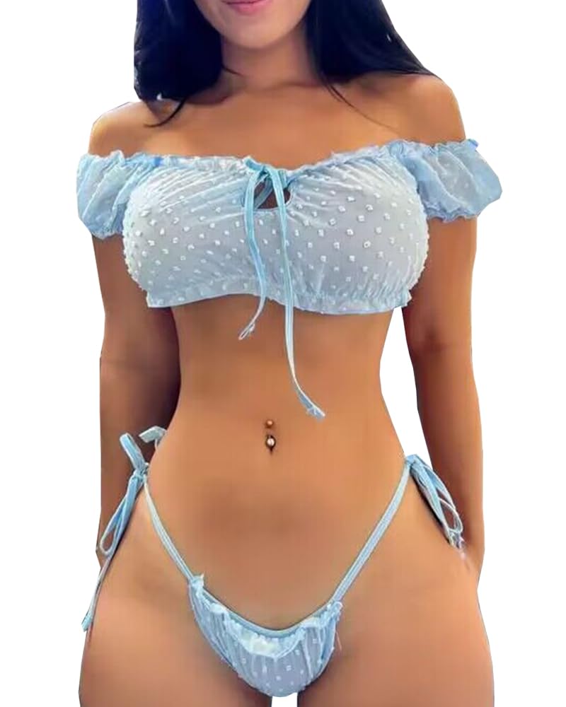 Buitifo Women Lingerie Set Lace Babydoll Self Tie Sexy Bra and Panty Pajamas Set (Blue,M) - Image 1