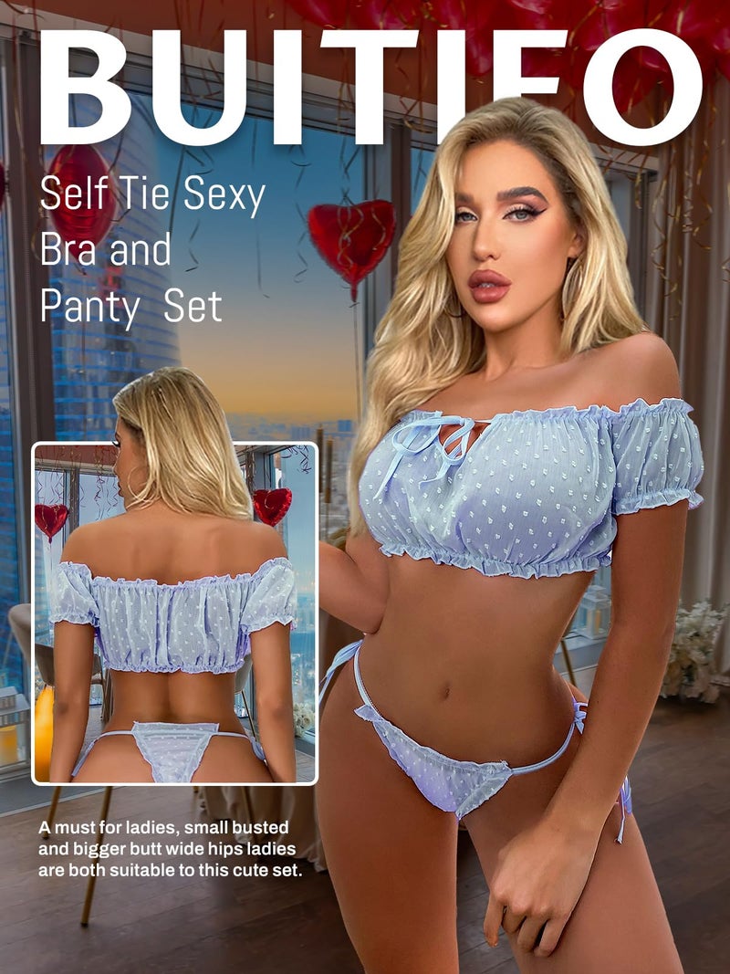 Buitifo Women Lingerie Set Lace Babydoll Self Tie Sexy Bra and Panty Pajamas Set (Blue,M) - Image 2