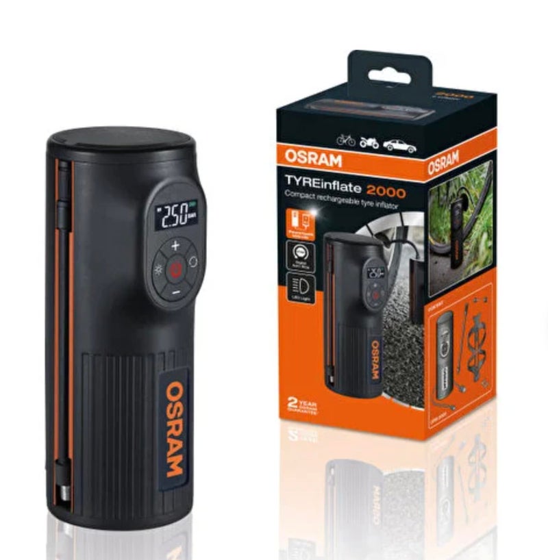 OSRAM OTIR2000 TYREinflate 2000 Compact Pump with LED Light, Portable Compressor, Power Connection, Tyre Inflation in 2 Minutes, Rechargeable via USB, Digital, mit Auto-Stopp - Image 1