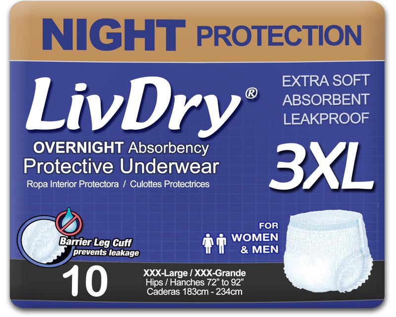 LivDry Adult Incontinence Underwear Overnight Comfort Absorbency Leak Protection XXXLarge 10 Count
