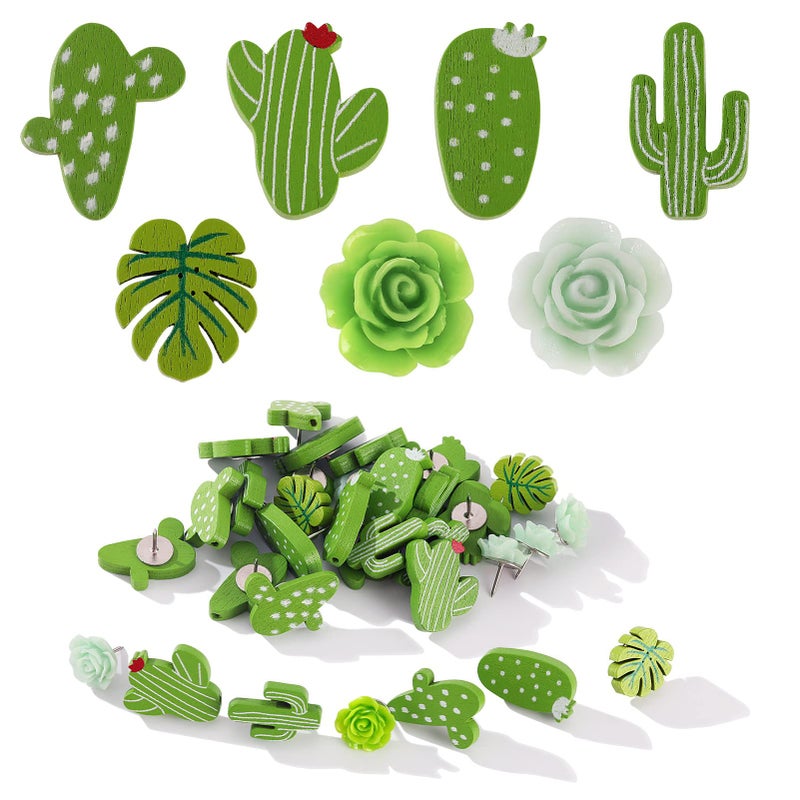 60 PCS Decorative Push Pins Set Cactus Palm Leaf Camellia Rose Thumb Tack Decorative Cute Push pins for Cork Board Bulletin Board Maps Photos Wall Home Office Classroom Decoration