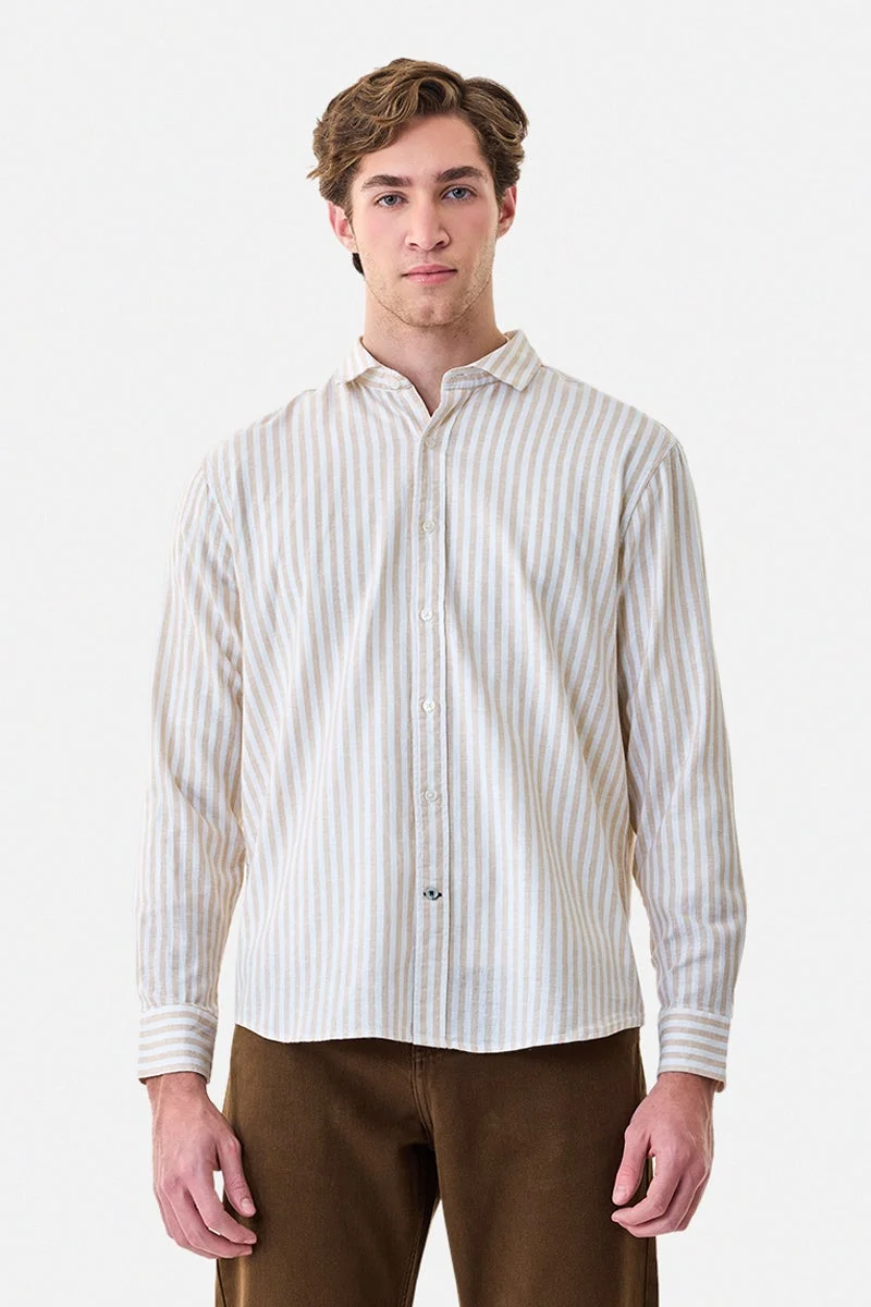 SNITCH Beige Striped Long Sleeve Regular Fit Shirt