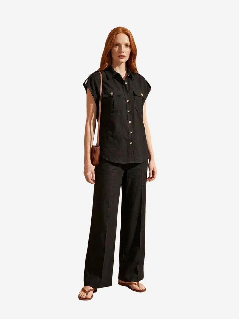 My Fashion Black MY FASHION High Waist Wide Leg Two-Piece Set with Shirt Collar for Women | Best Price UAE