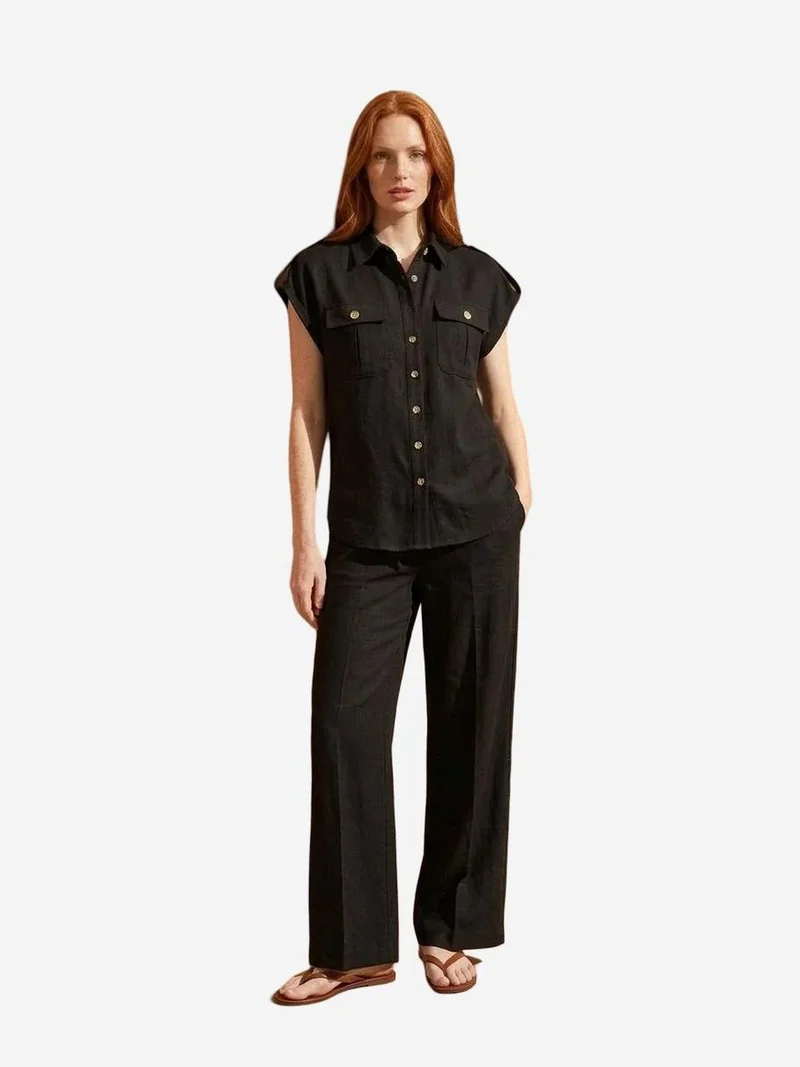 My Fashion Black MY FASHION High Waist Wide Leg Two-Piece Set with Shirt Collar for Women | Best Price UAE